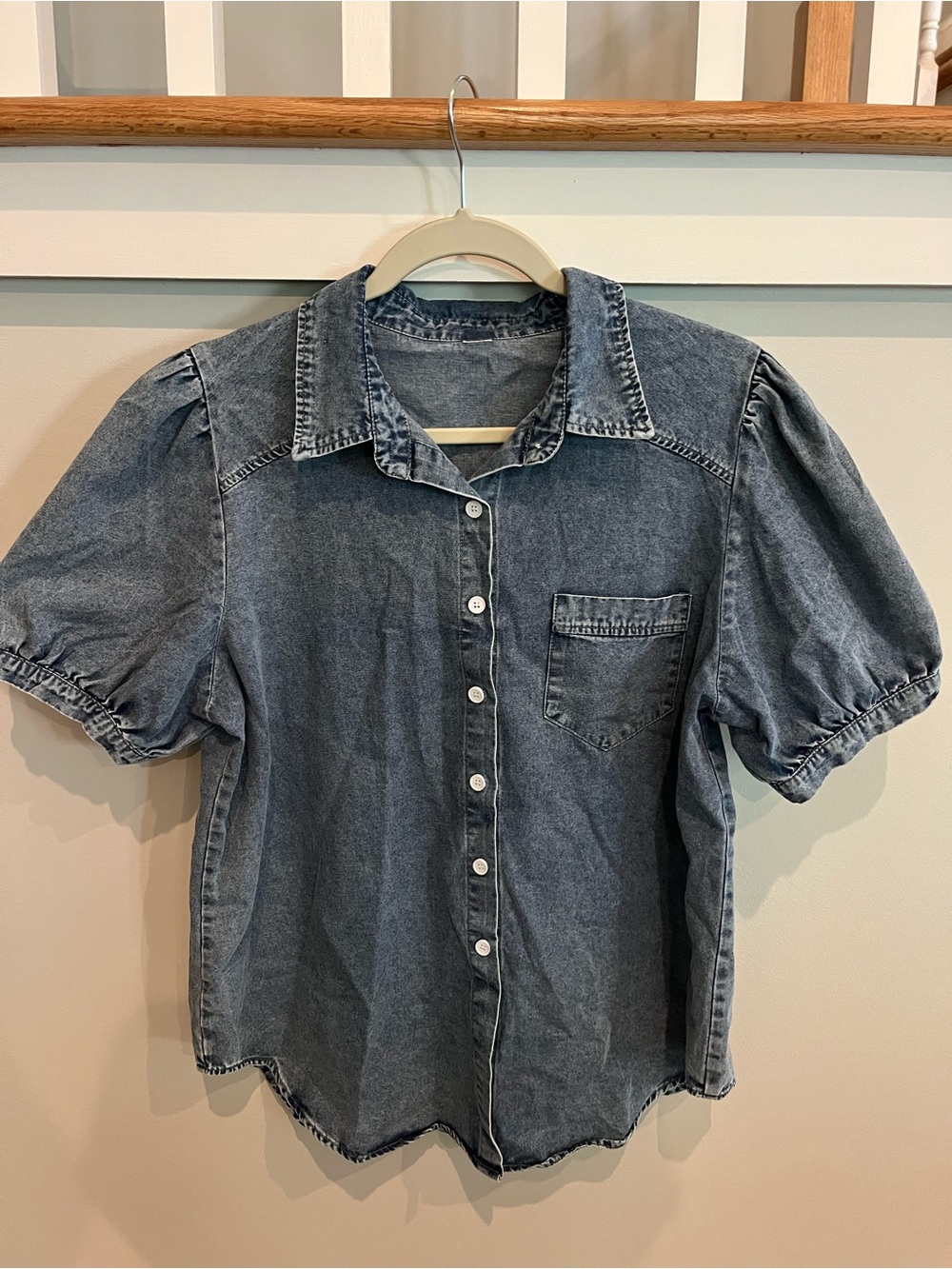 Women's Short Sleeve Denim Button-Up Shirt in Washed Blue